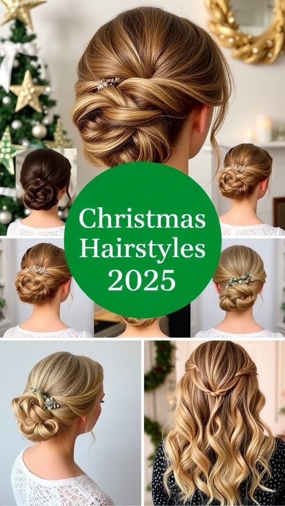 A collection of stylish Christmas hairstyles including updos, braids, and waves, set against a festive backdrop.